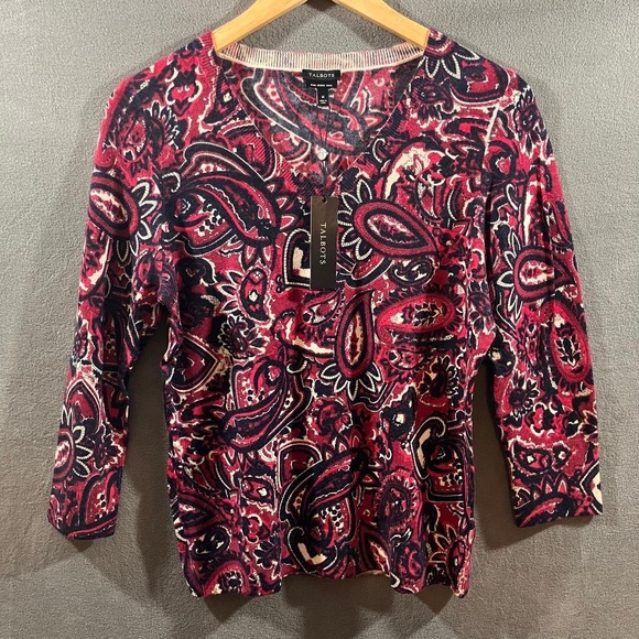 Talbots Sweaters - Talbots Red Paisley 100% Merino Wool V-Neck Sweater 3/4 Sleeve Women's Medium